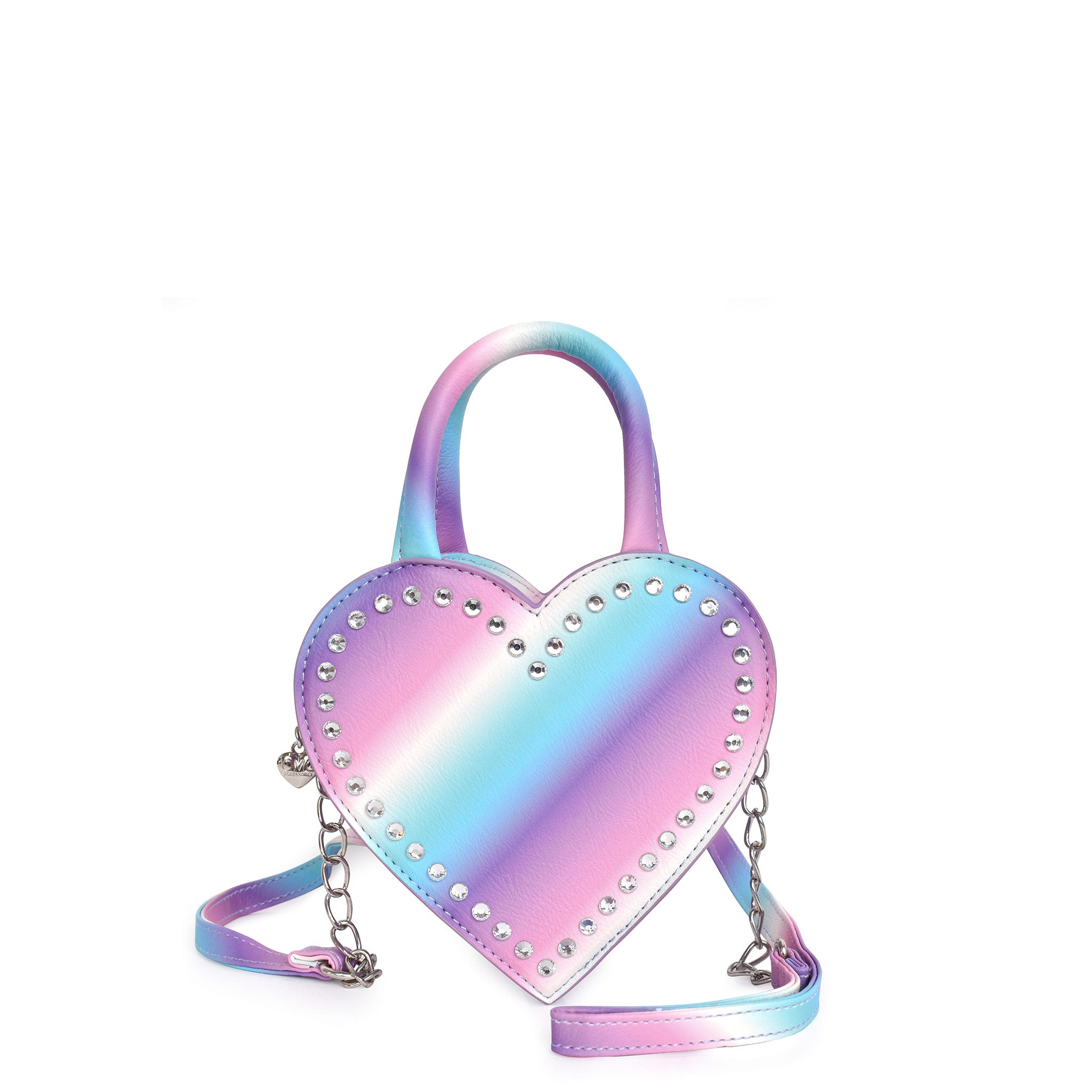Front view of an ombre heart shaped top handle crossbody outlined with rhinestones