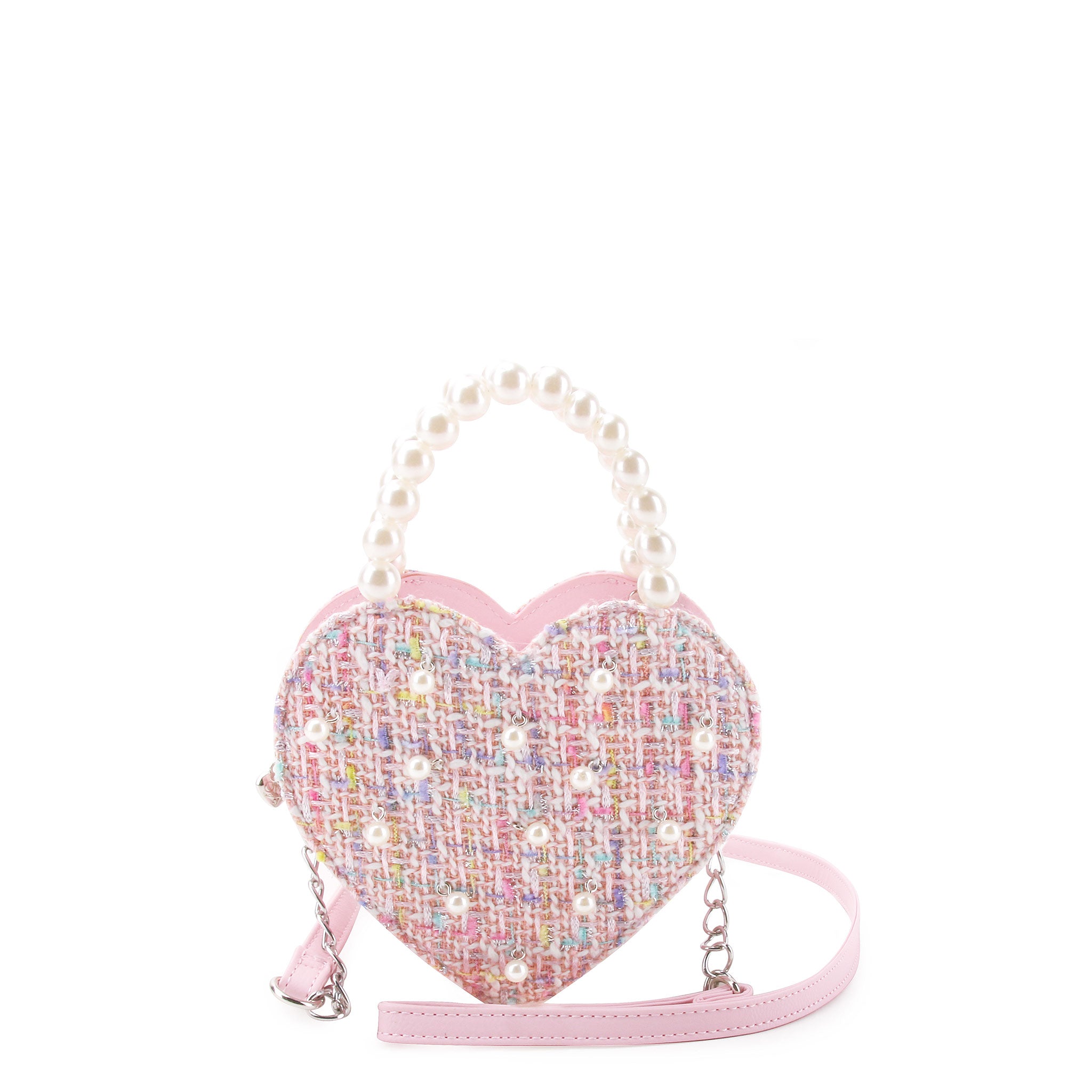 front view of a heart-shaped tweed pearl top handle crossbody bag