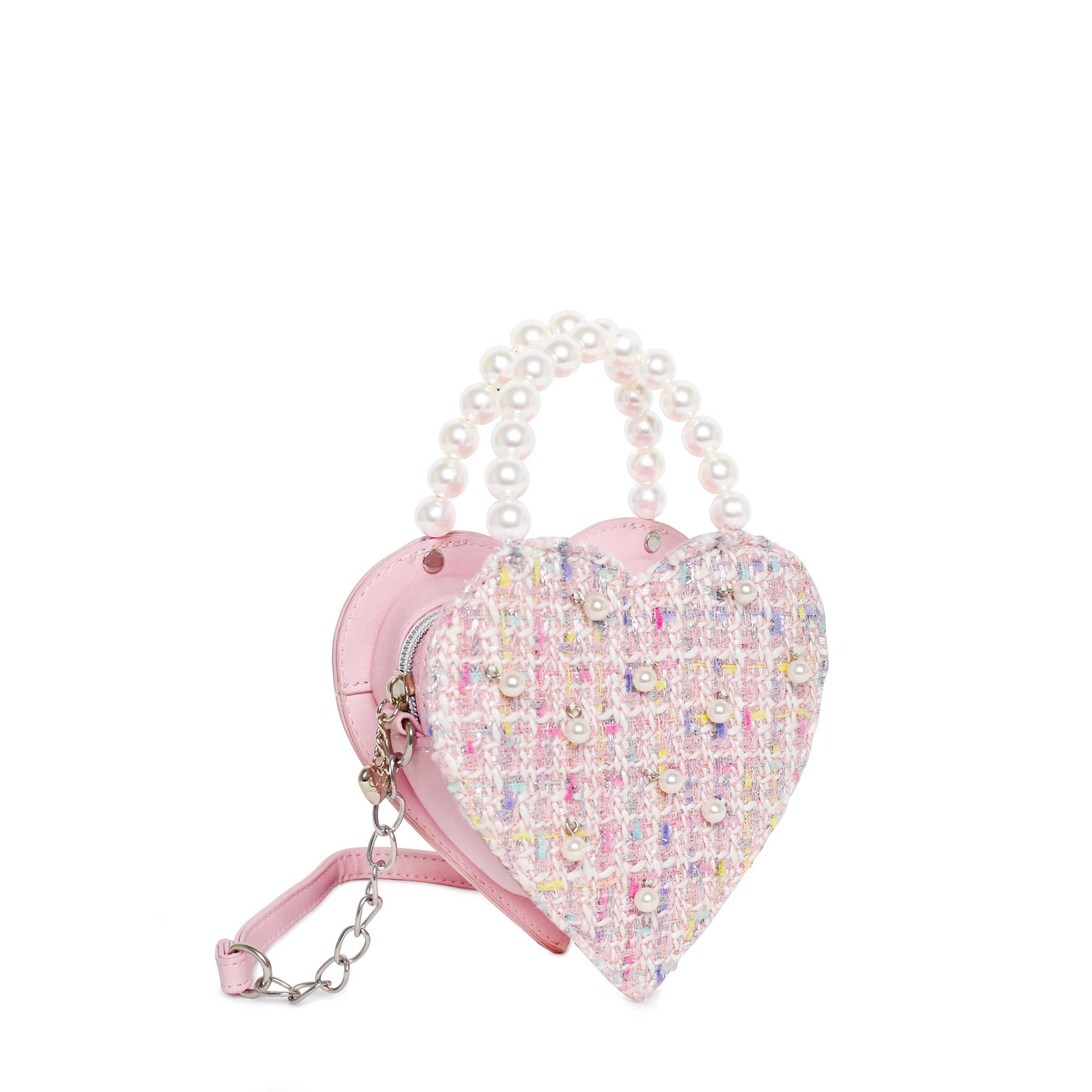 side view of a heart-shaped tweed pearl top handle crossbody bag
