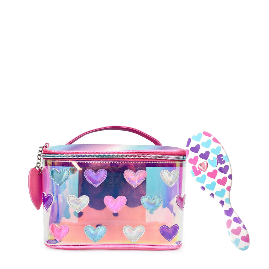 Front view of clear glazed heart-patched glam bag and matching 'Love' heart-printed hairbrush value pack