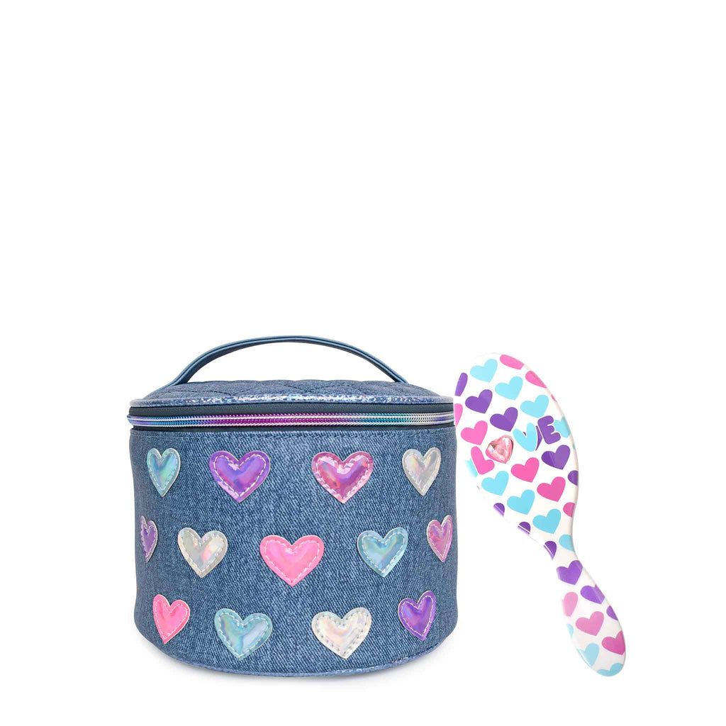 Front view of denim-printed heart-patched round glam bag and 'Love' heart-printed hairbrush value set