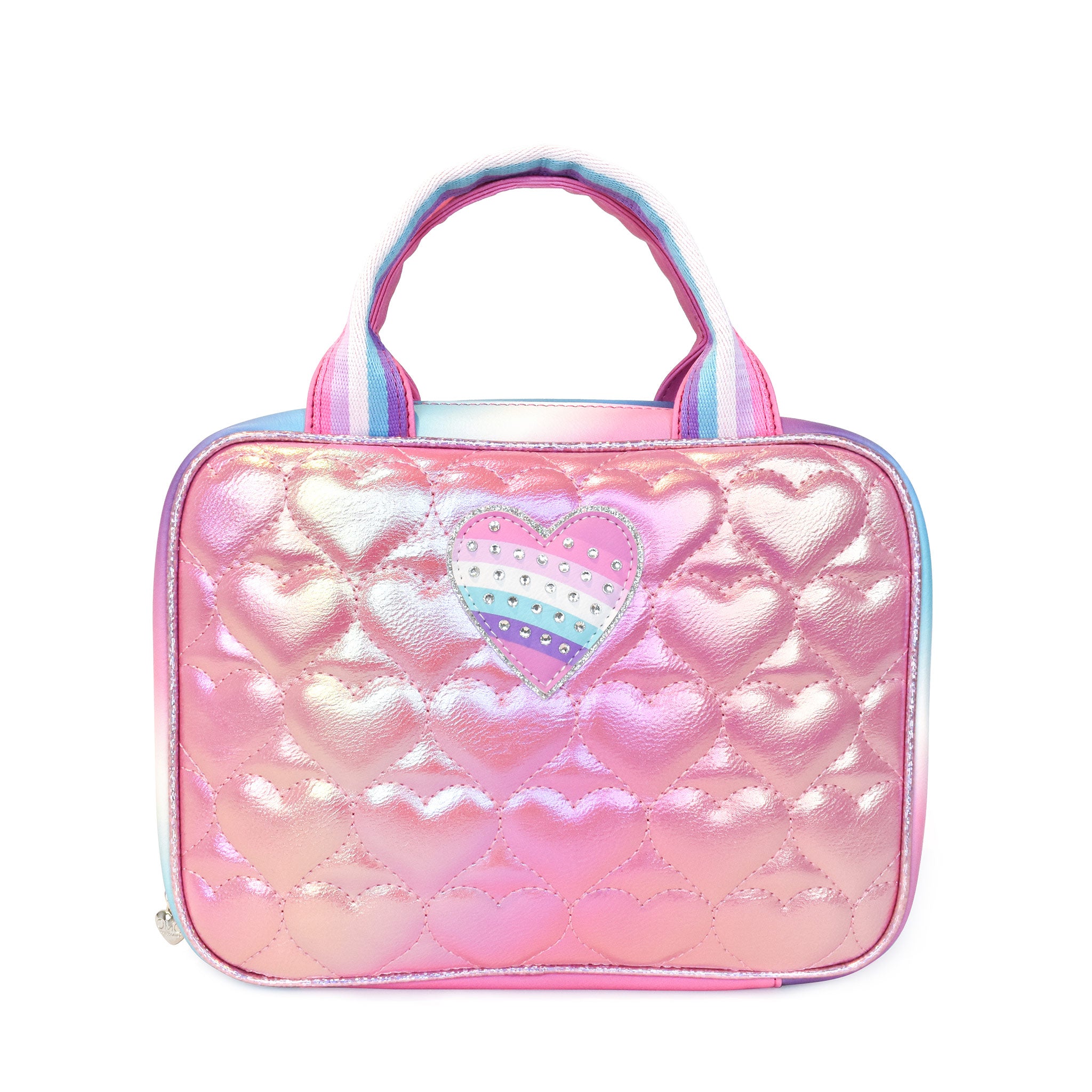 Front view of a pink metallic rectangular lunch bag with heart quilting and a rhinestone heart applique
