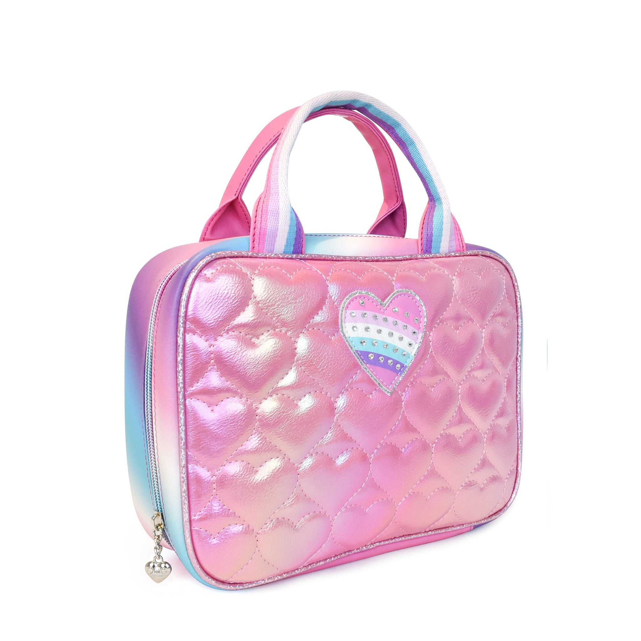 Side view of a pink metallic rectangular lunch bag with heart quilting and a rhinestone heart applique