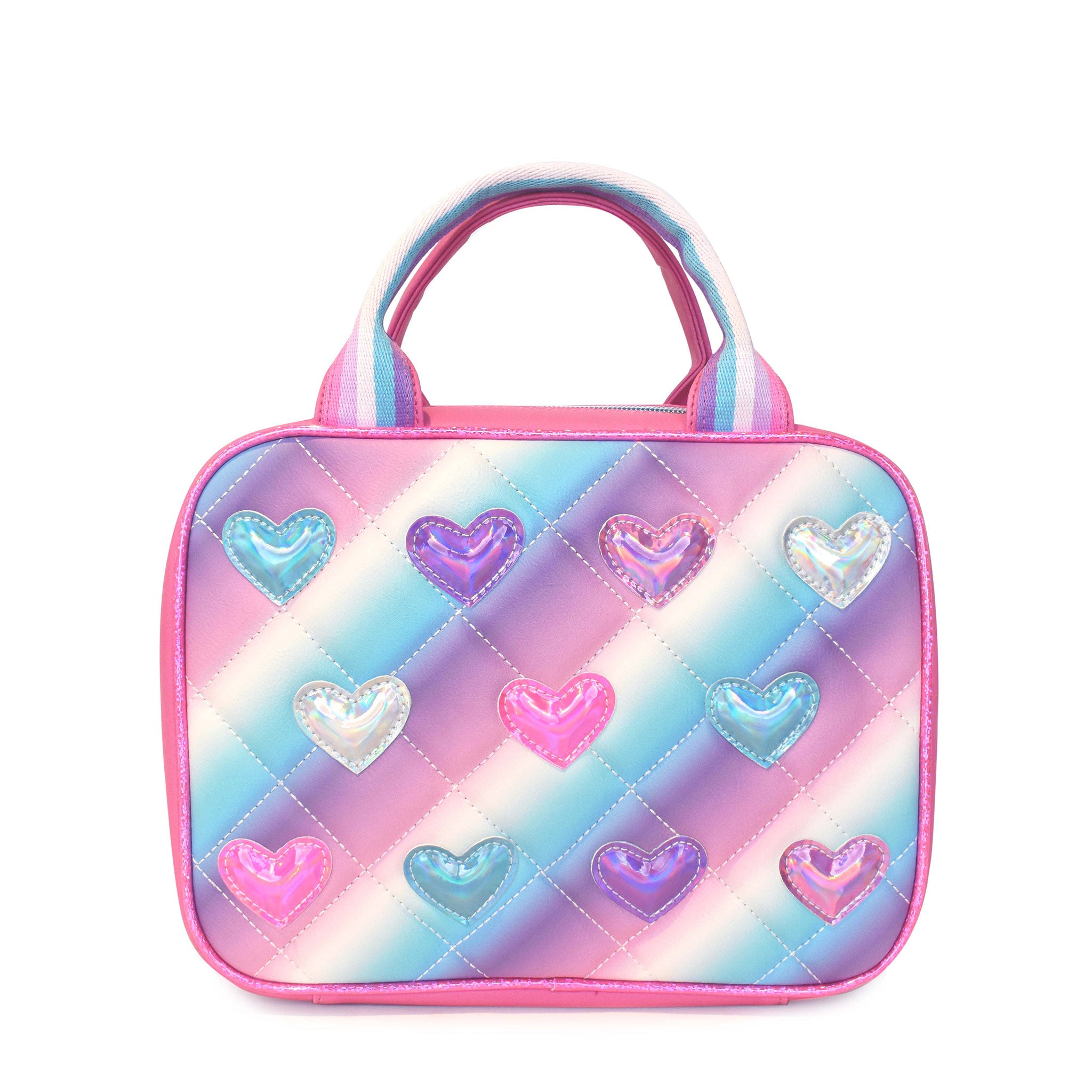 Front view of a metallic heart patched lunch bag quilted in a cool pastel ombre