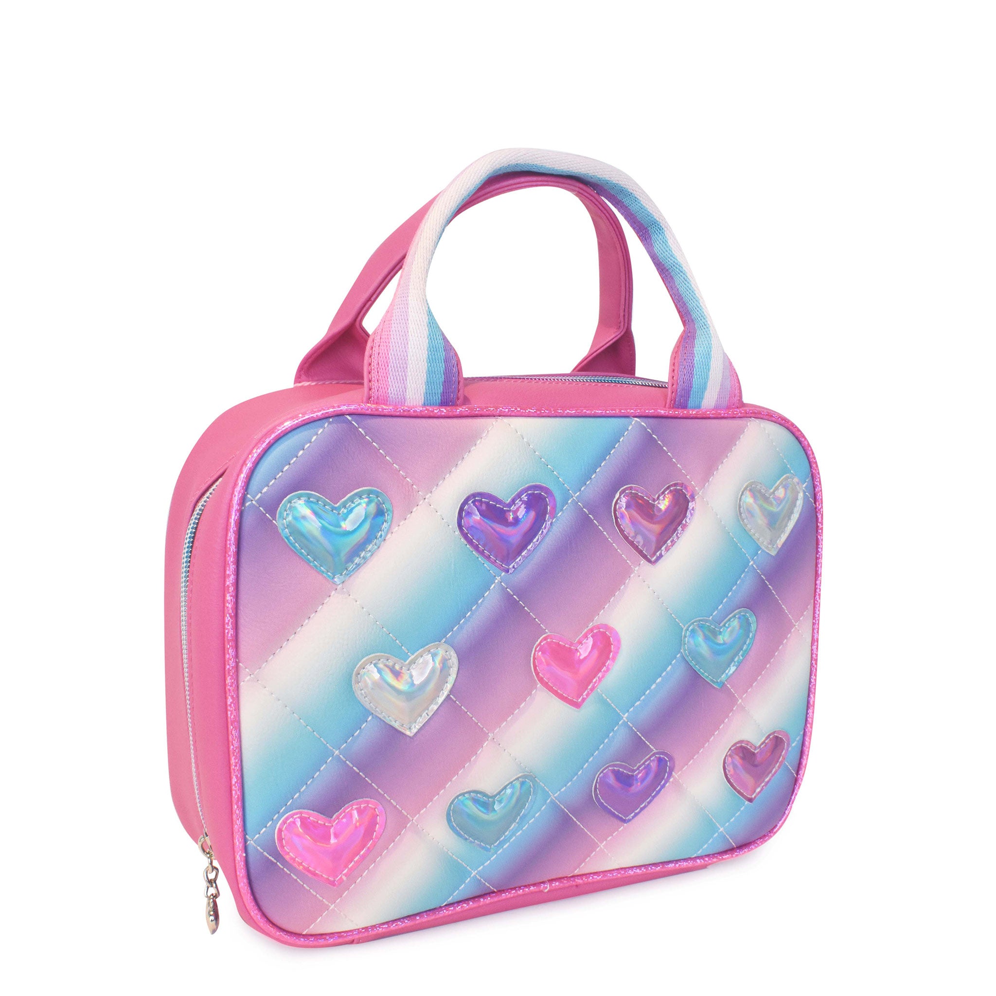Side view of a metallic heart patched lunch bag quilted in a cool pastel ombre