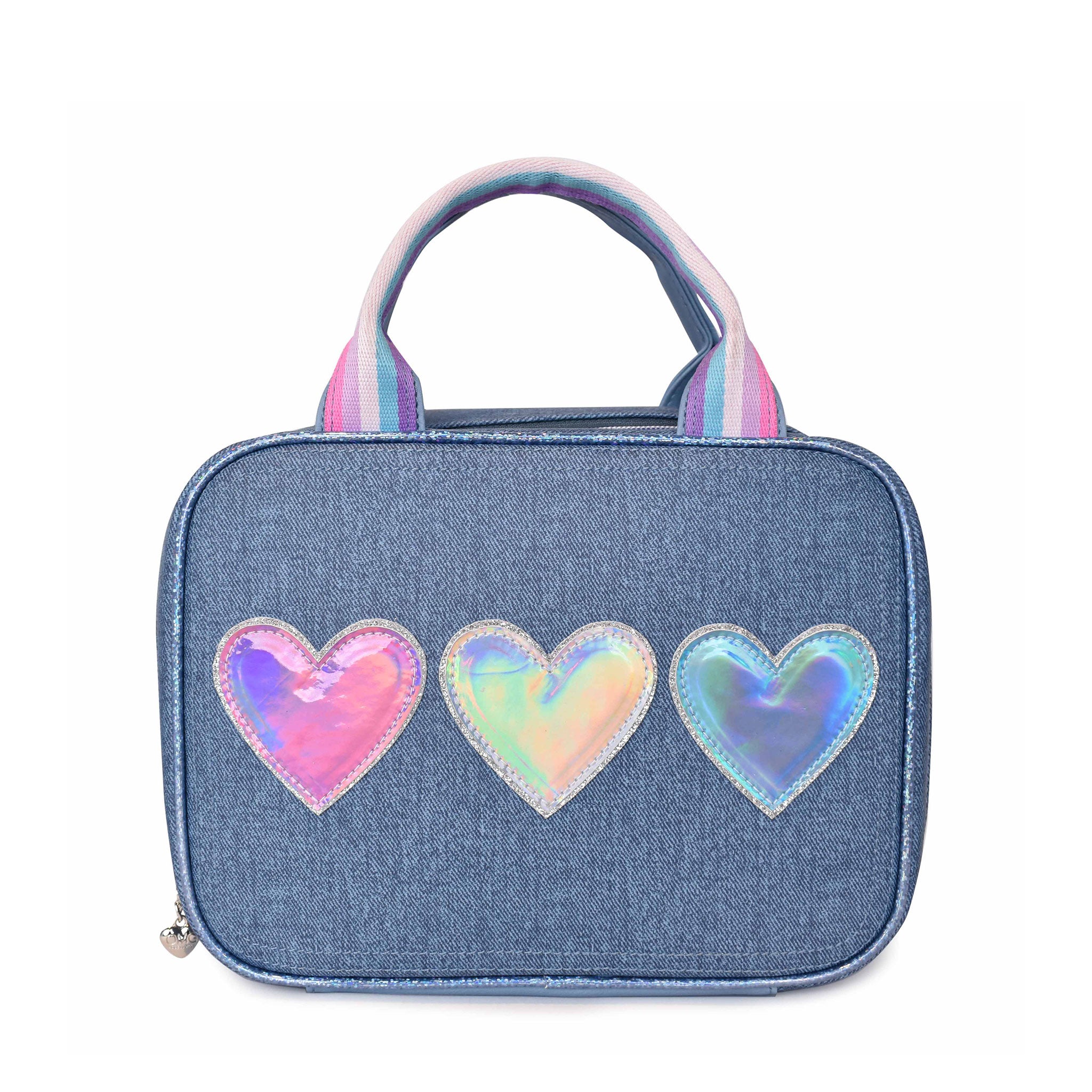 Front view of a denim print rectangular lunch bag with three metallic heart patches