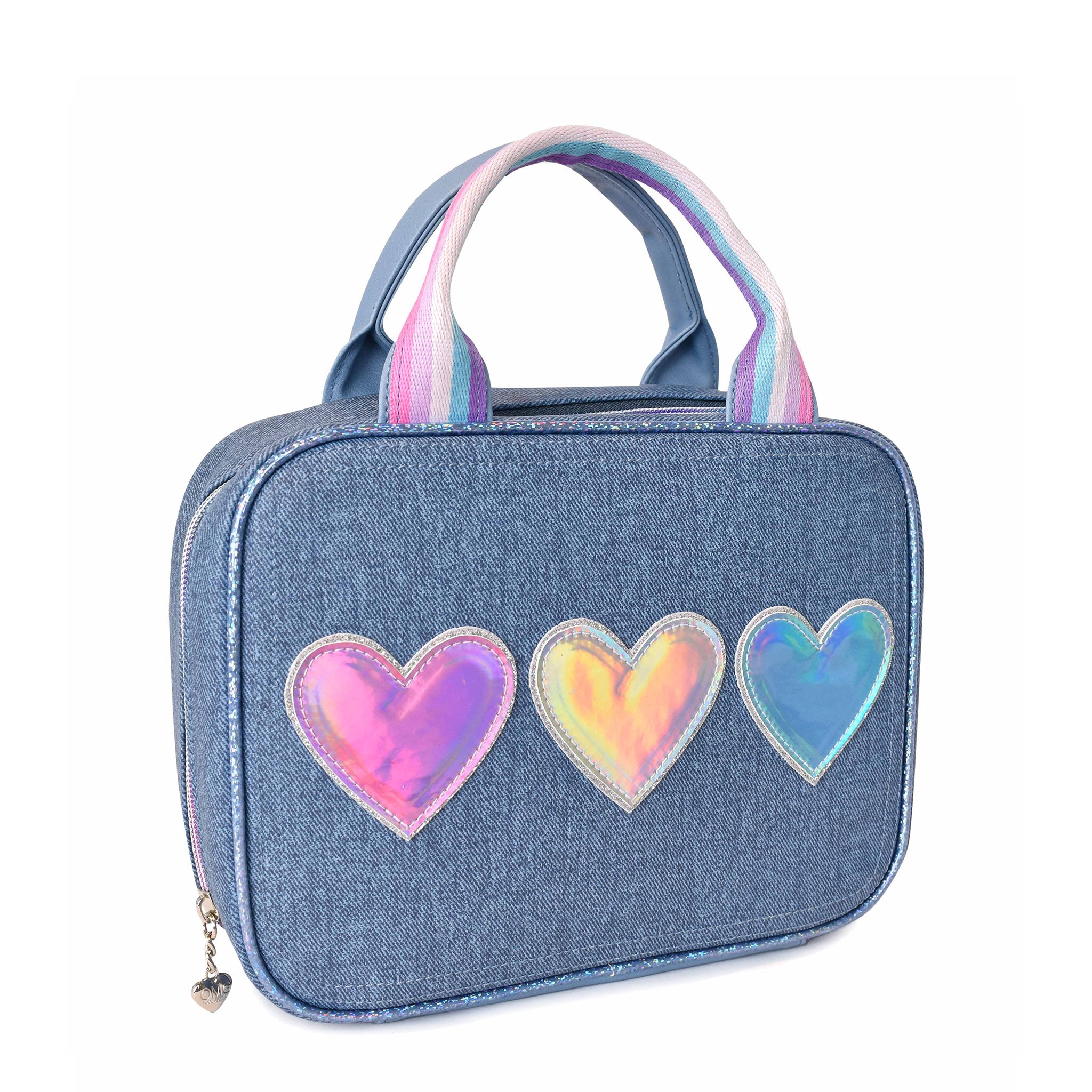 Side view of a denim print rectangular lunch bag with three metallic heart patches