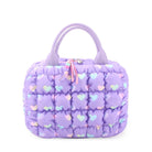 front view of a purple nylon quilted lunch bag with an ombre heart print & a double heart beaded zipper pull