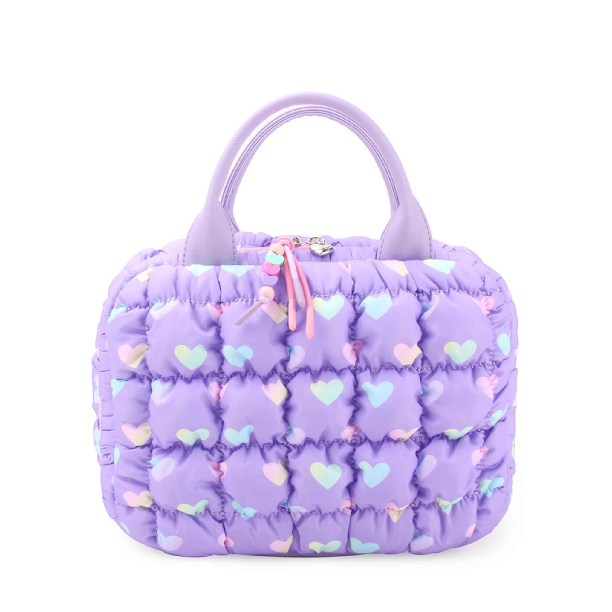 front view of a purple nylon quilted lunch bag with an ombre heart print & a double heart beaded zipper pull