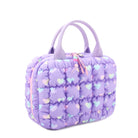 side view of a purple nylon quilted lunch bag with an ombre heart print & a double heart beaded zipper pull