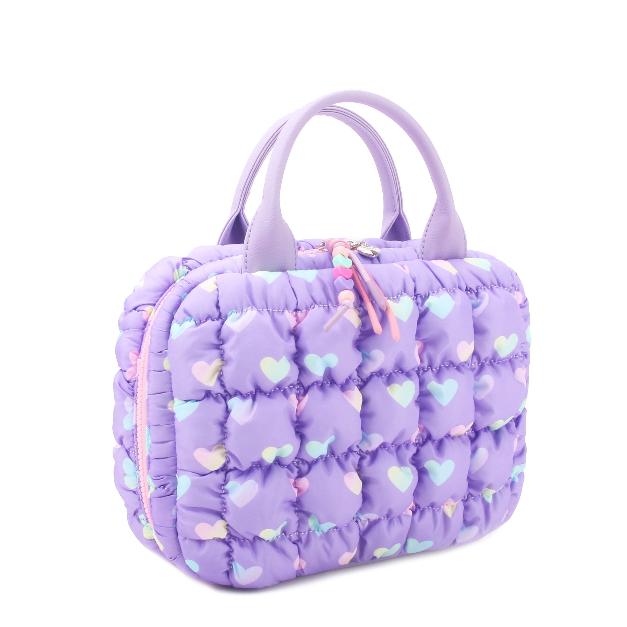 side view of a purple nylon quilted lunch bag with an ombre heart print & a double heart beaded zipper pull