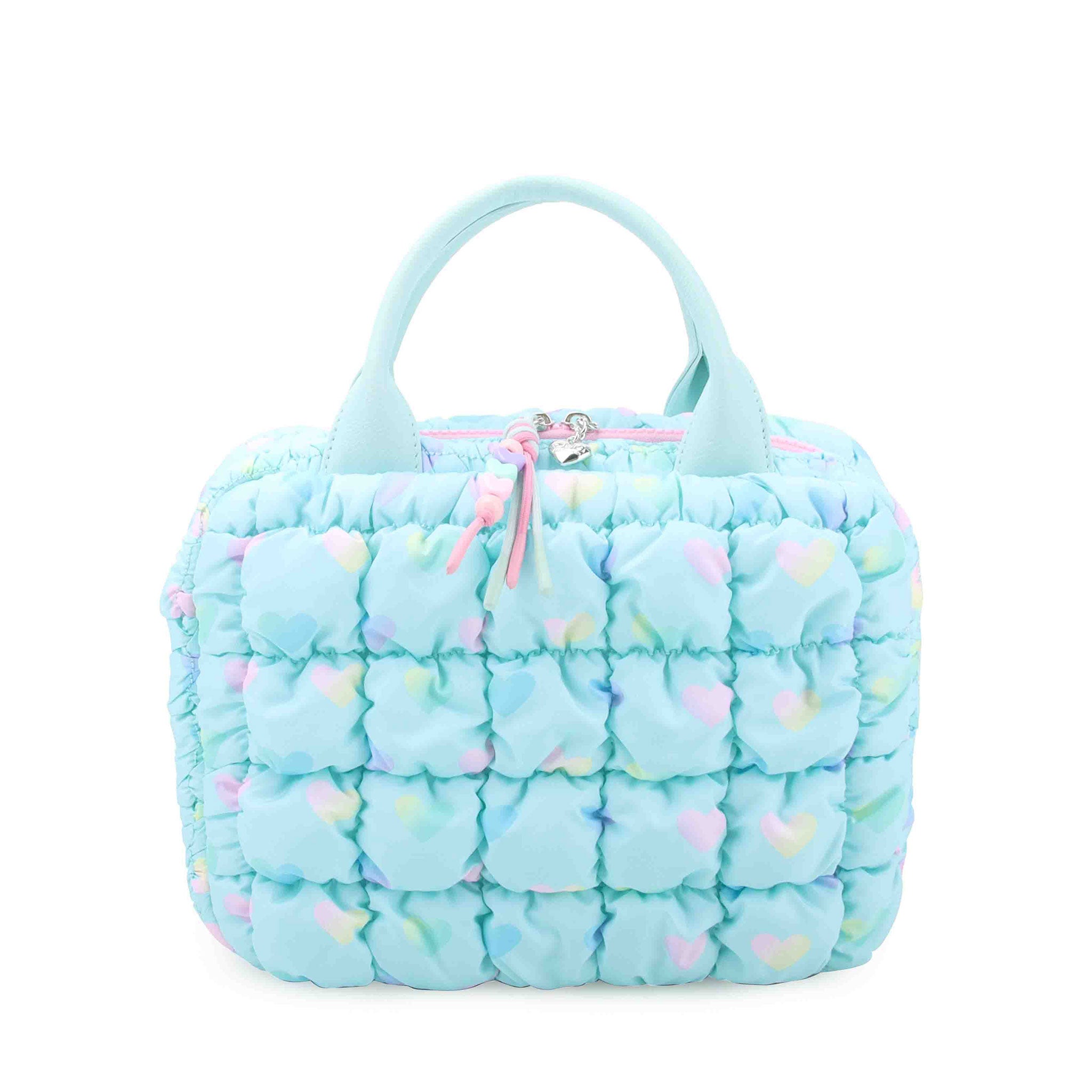 front view of an aqua nylon quilted lunch bag with an ombre heart print & a double heart beaded zipper pull