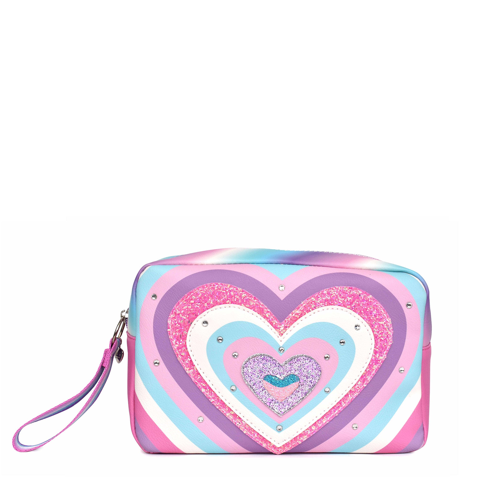 Front view of a rayed heart glitter printed pouch with wristlet strap