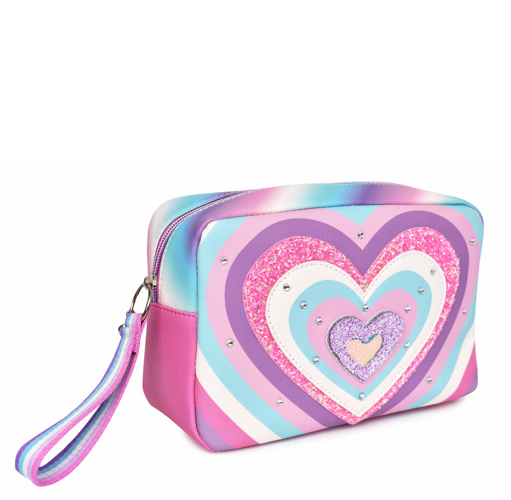 Side view of a rayed heart glitter printed pouch with wristlet strap