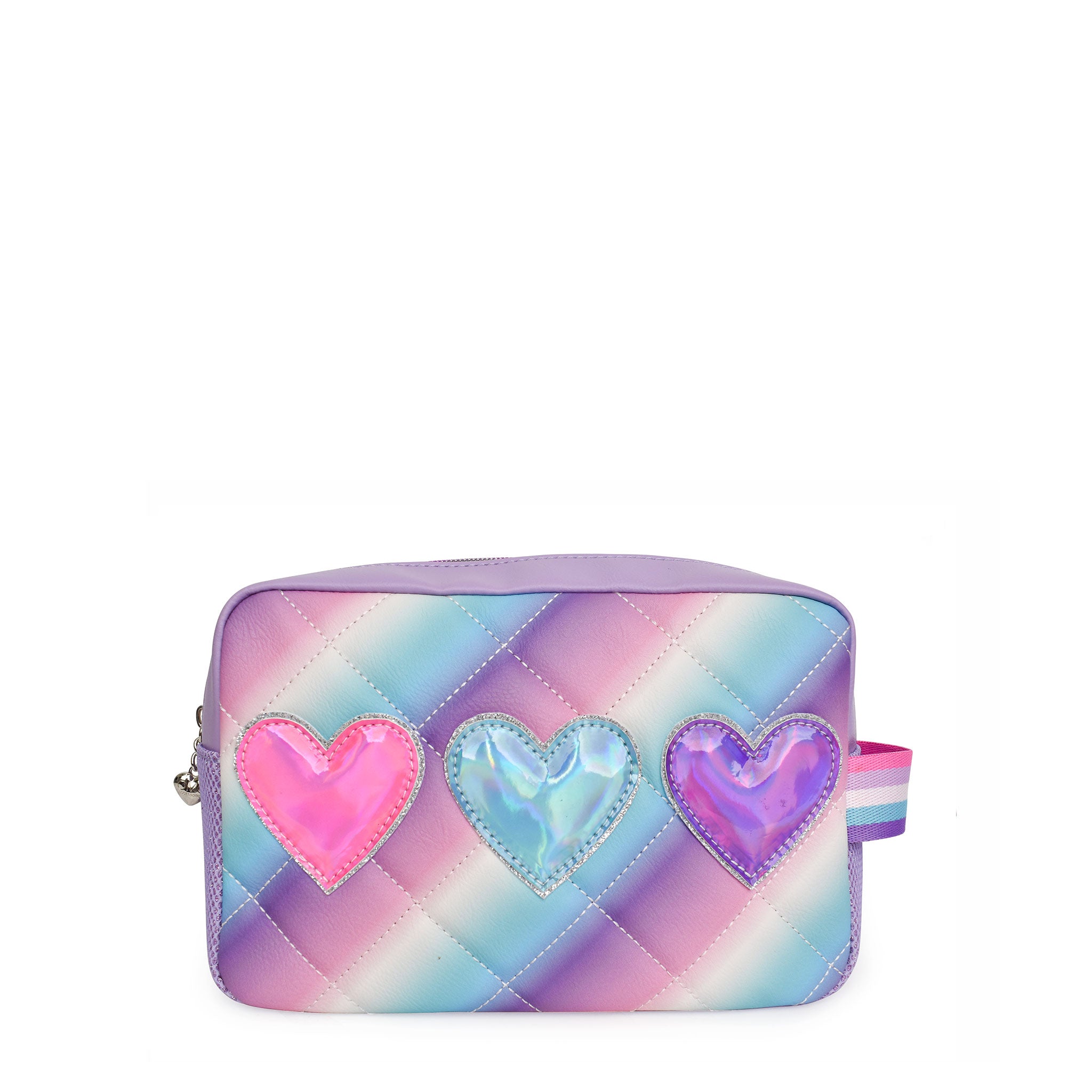 Front view of a blue, white and purple ombre quilted pouch with three metallic heart patches