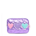 front view of a purple metallic quilted pouch with chenille heart patches