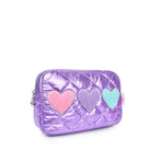 Side view of a purple metallic quilted pouch with chenille heart patches