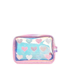 Front view of a clear glazed pouch with glitter heart pouches