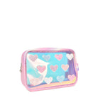 Side view of a clear glazed pouch with glitter heart pouches