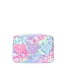 front view of a glitter heart patched sequin pouch