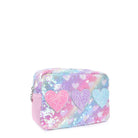 side view of a glitter heart patched sequin pouch