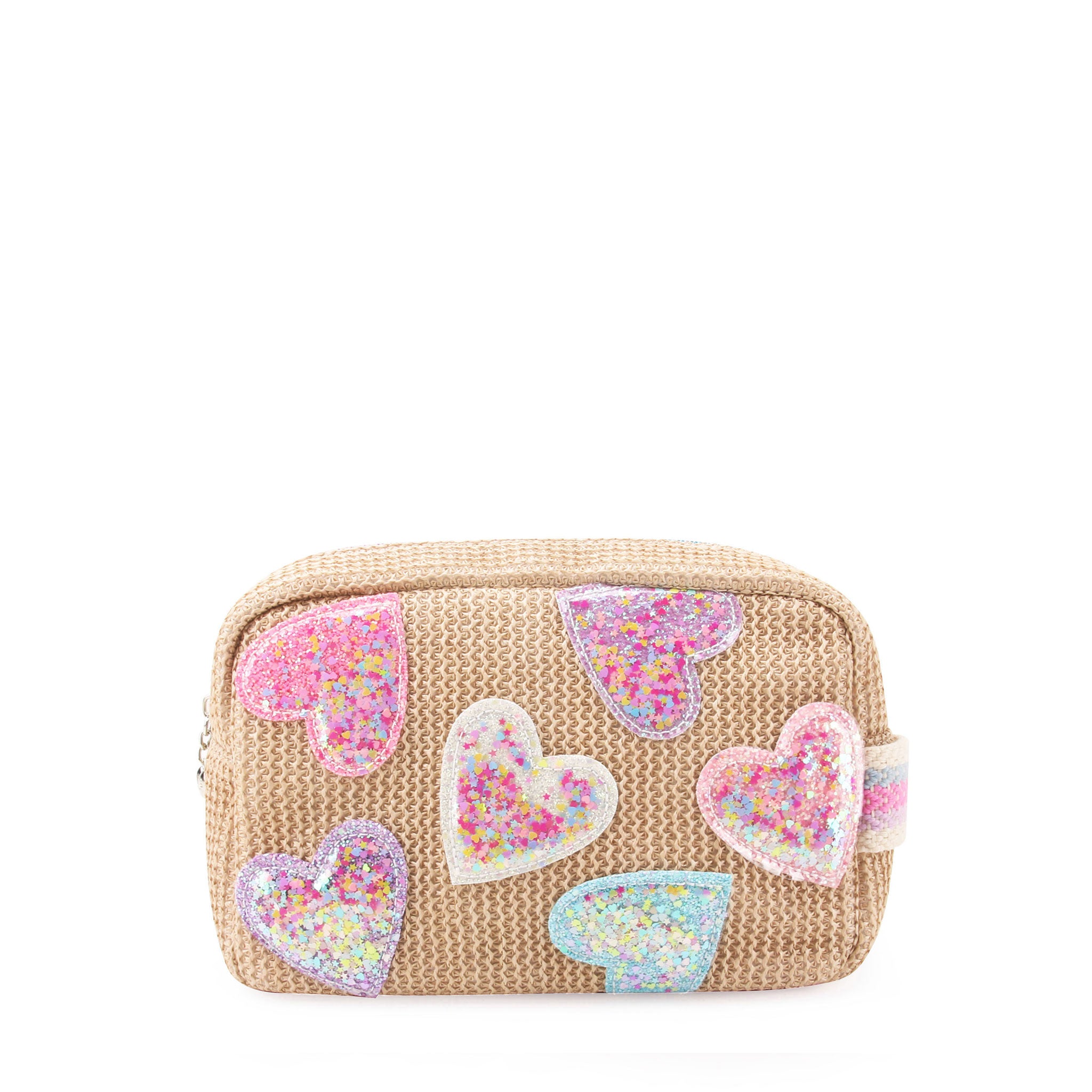 front view of a straw pouch with confetti filled clear heart patches