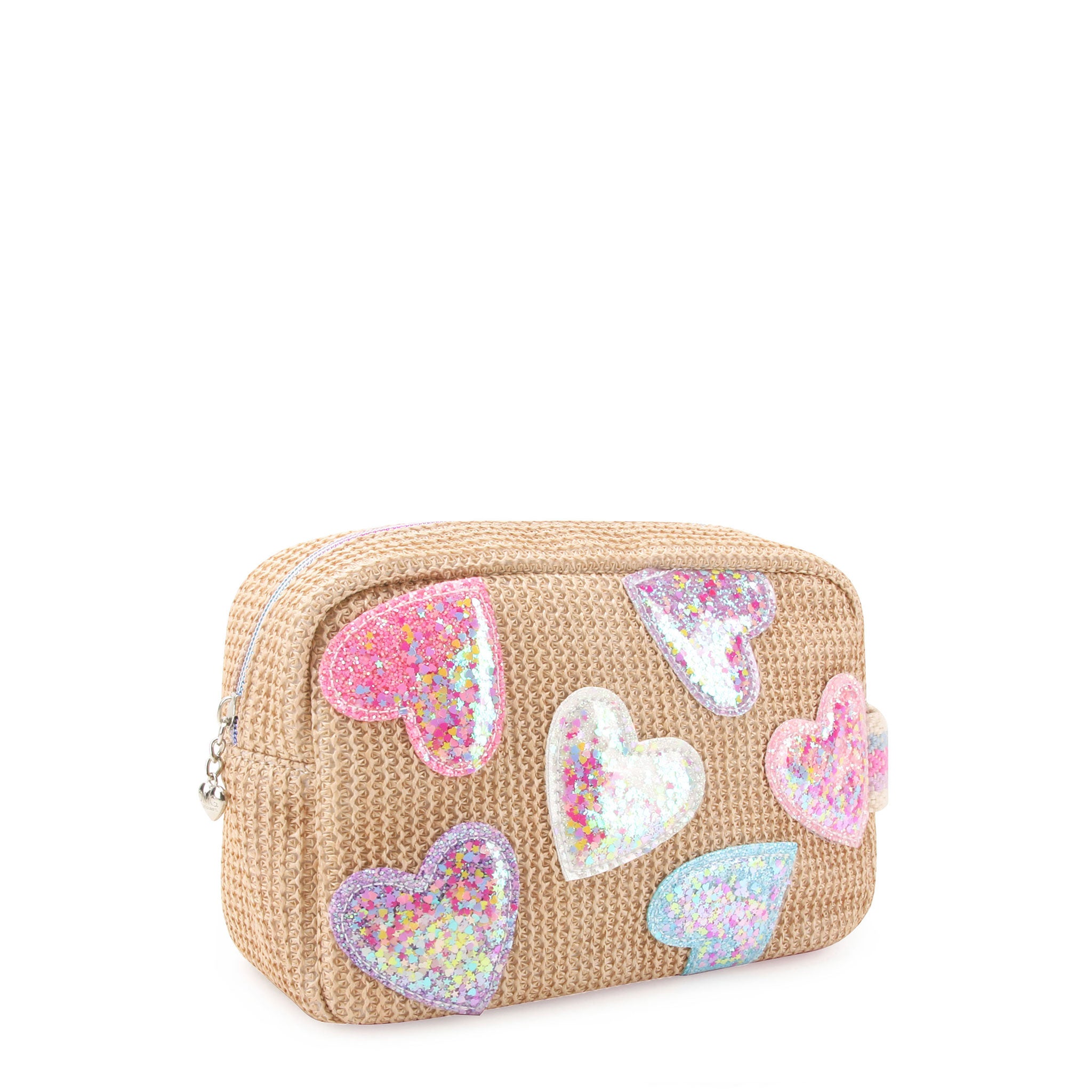 side view of a straw pouch with confetti filled clear heart patches