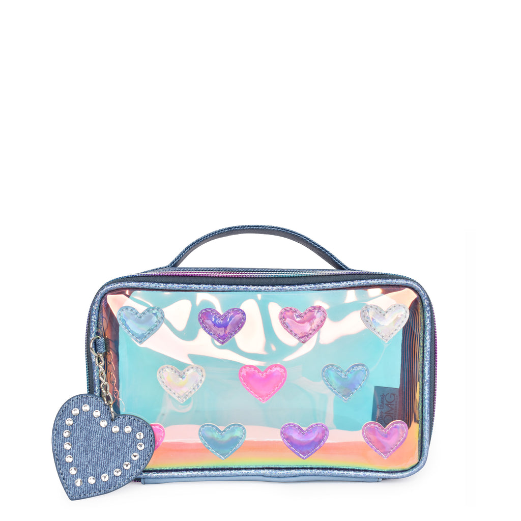 Front view of clear glazed top-handle pouch with denim rhinestone heart-shaped keychain