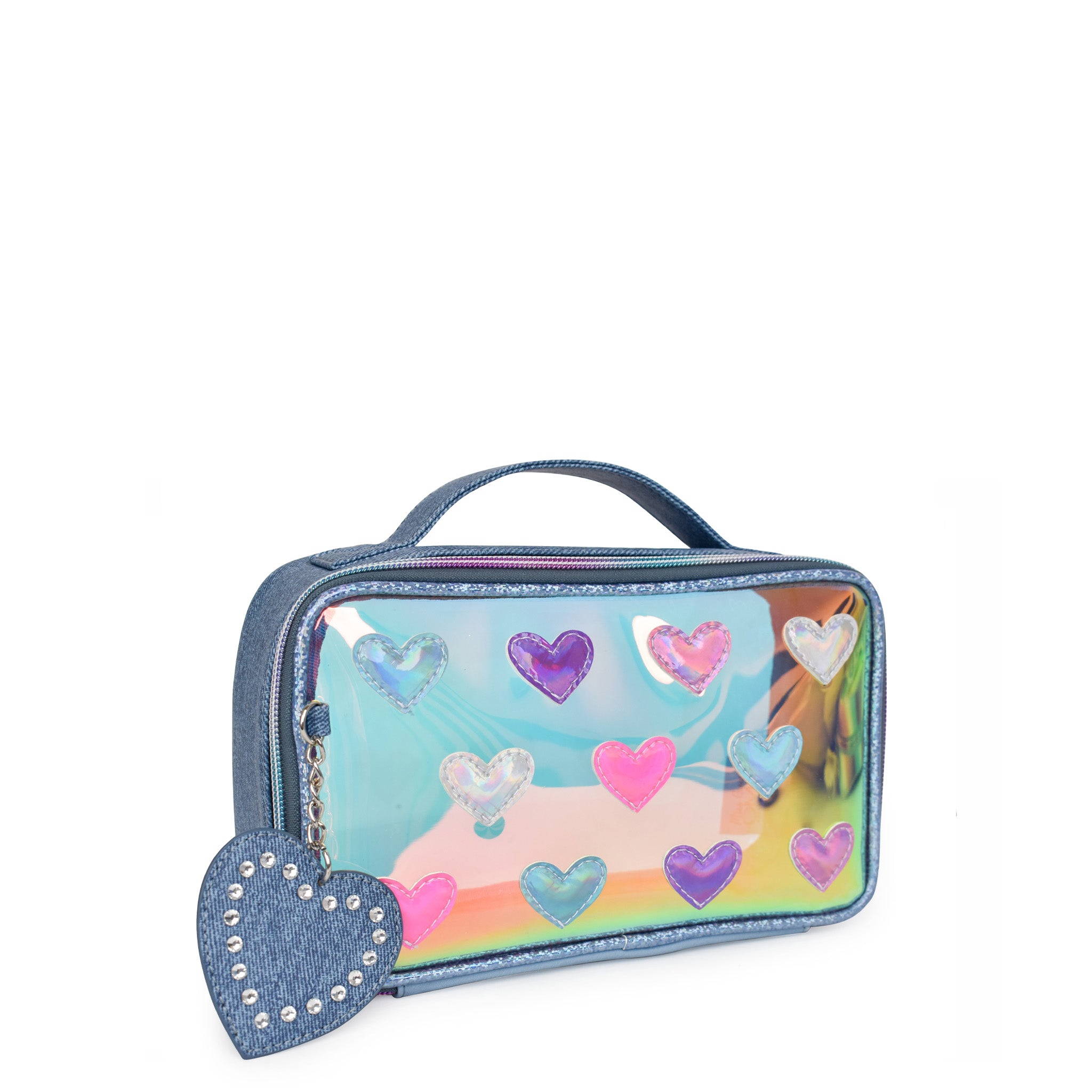 Side view of clear glazed top-handle pouch with denim rhinestone heart-shaped keychain