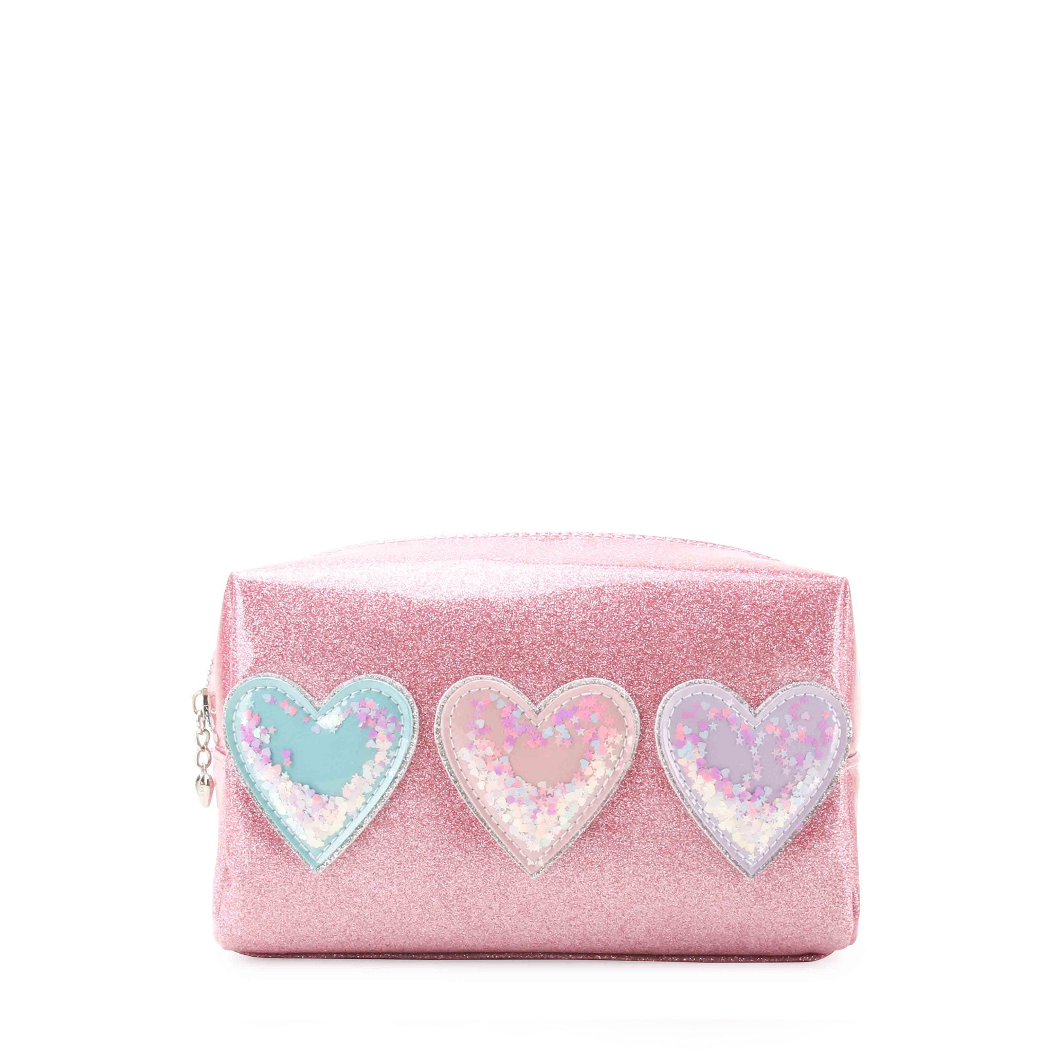 Pink glittery pouch with heart shaped confetti filled patched