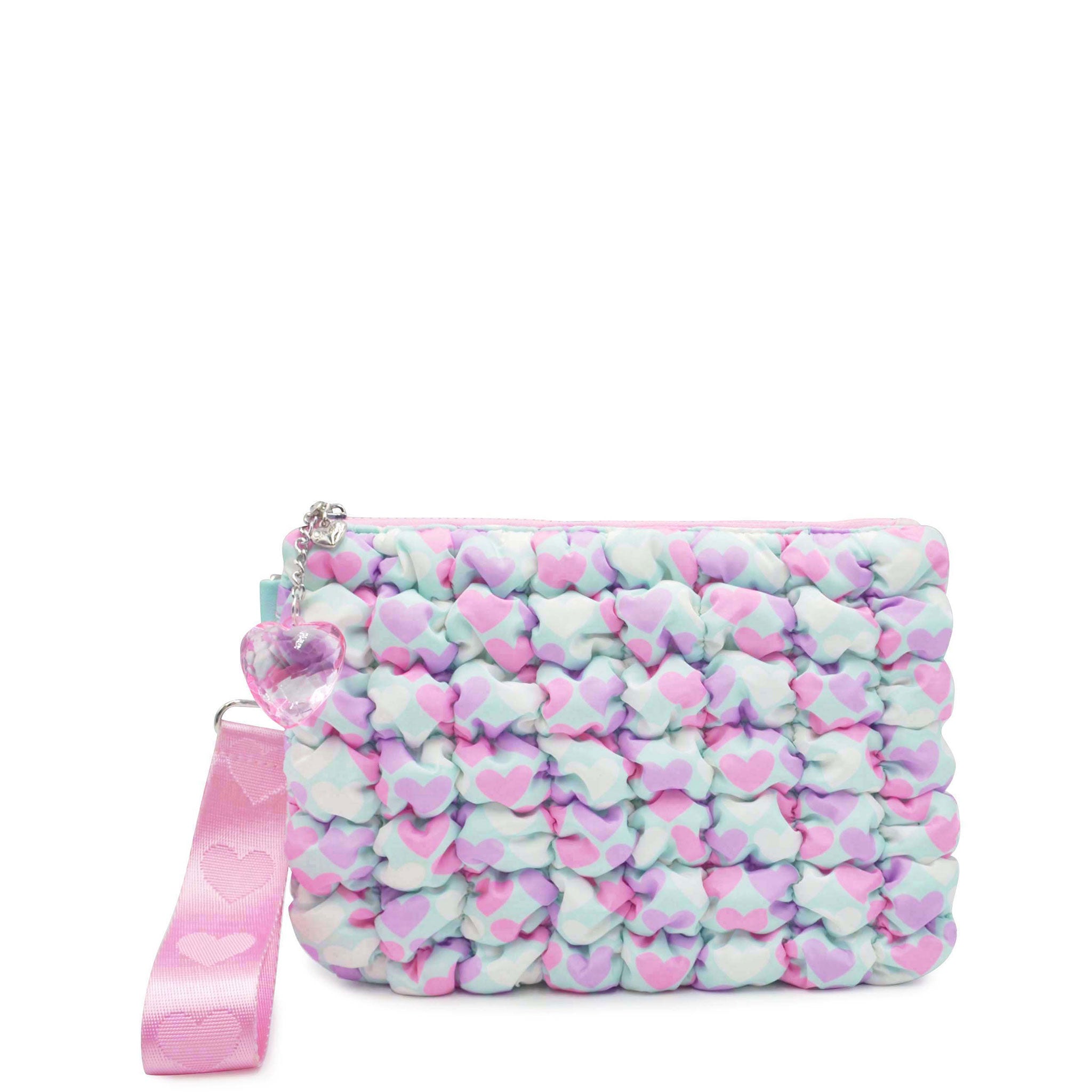 front view of a heart printed aqua nylon quilted zipper pouch with detachable wristlet