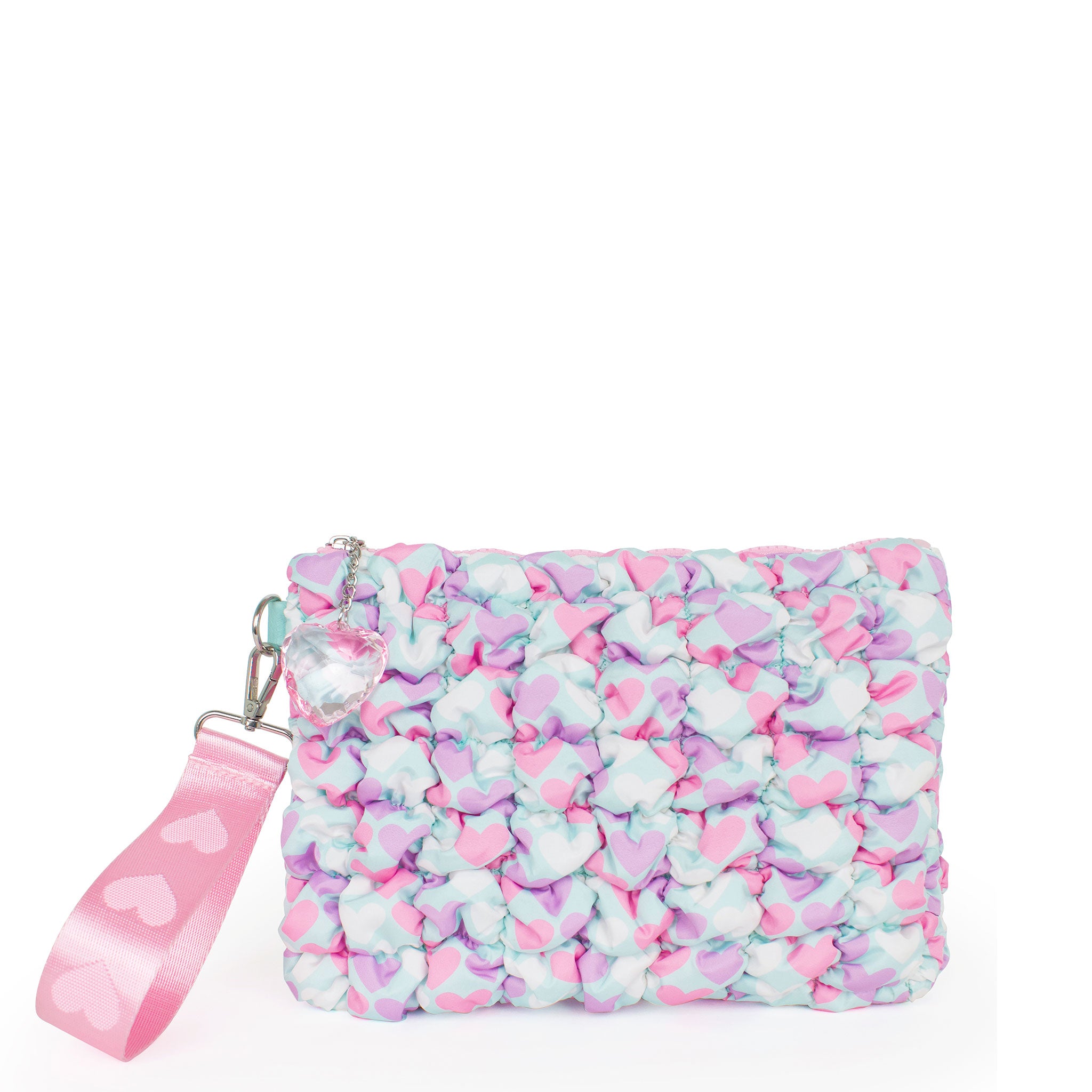 front view of a light blue heart printed zipper pouch with a detachable wristlet 