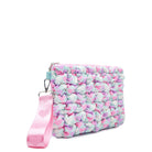  side view of a light blue heart printed zipper pouch with a detachable wristlet 