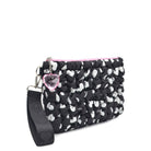  view of a black and white heart printed quilted wristlet pouch with a wrist strap