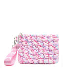 front view of a heart printed pink nylon quilted zipper pouch with detachable wristlet