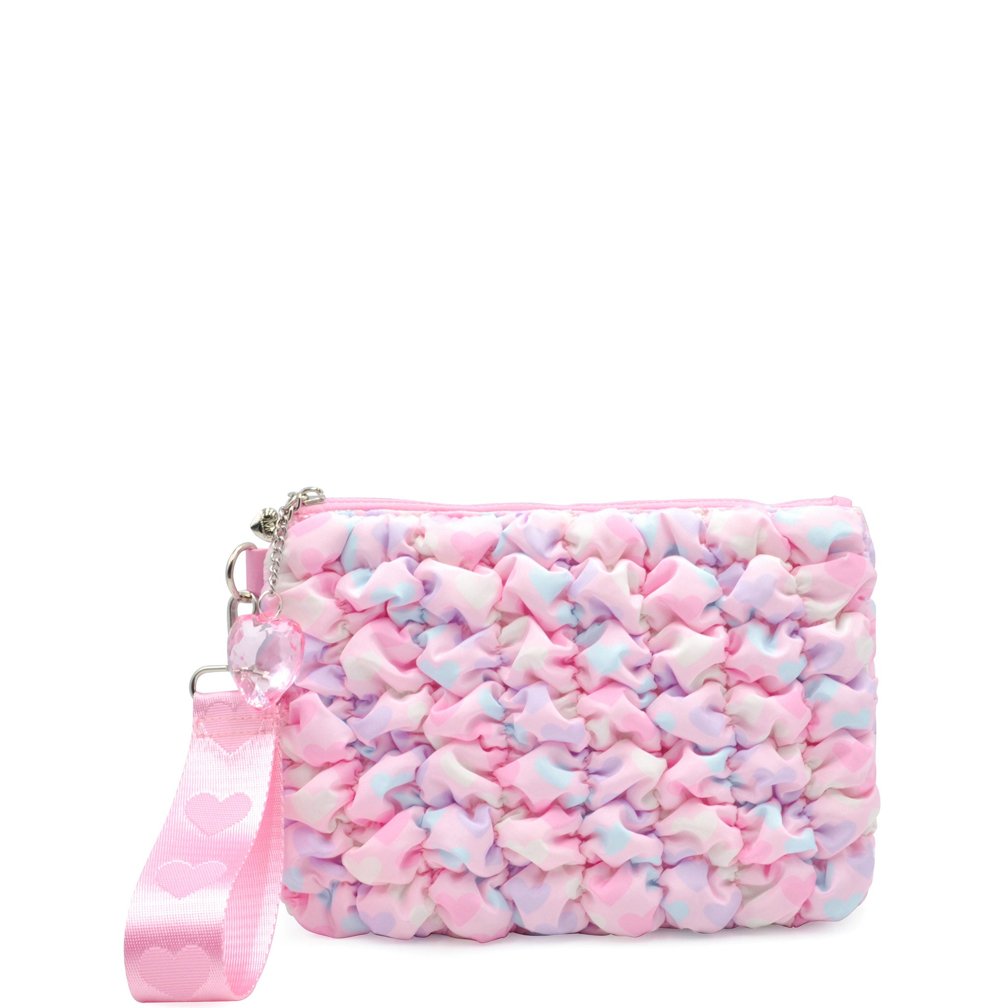 front view of a heart printed pink nylon quilted zipper pouch with detachable wristlet