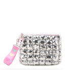 front view of a silver quilted nylon zipper pouch with a detachable wrist strap