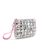 side view of a silver quilted nylon zipper pouch with a detachable wrist strap