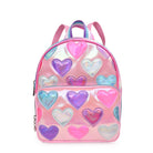 Front view of pink metallic heart-patched mini backpack