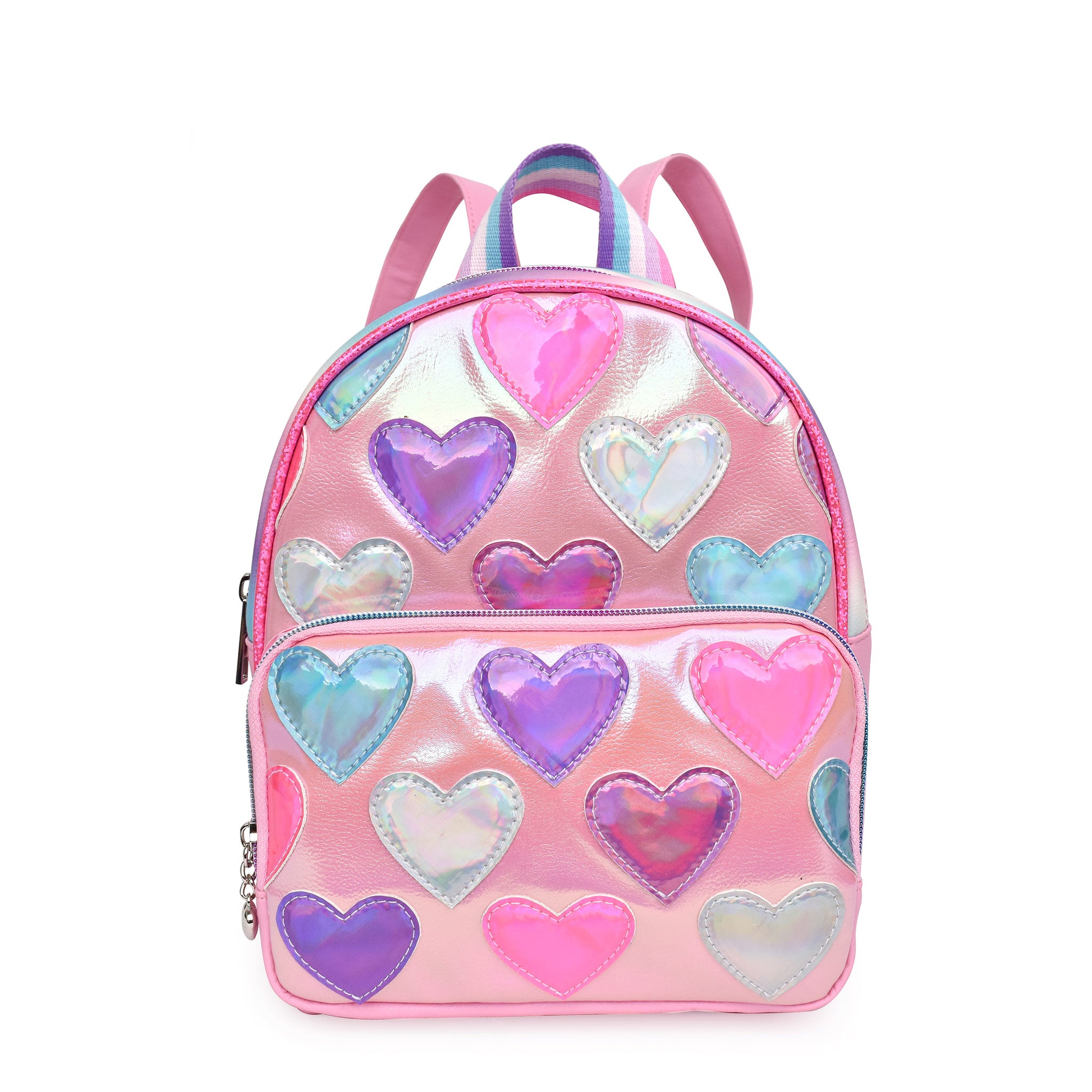 Front view of pink metallic heart-patched mini backpack