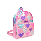 Side view of pink metallic heart-patched mini backpack