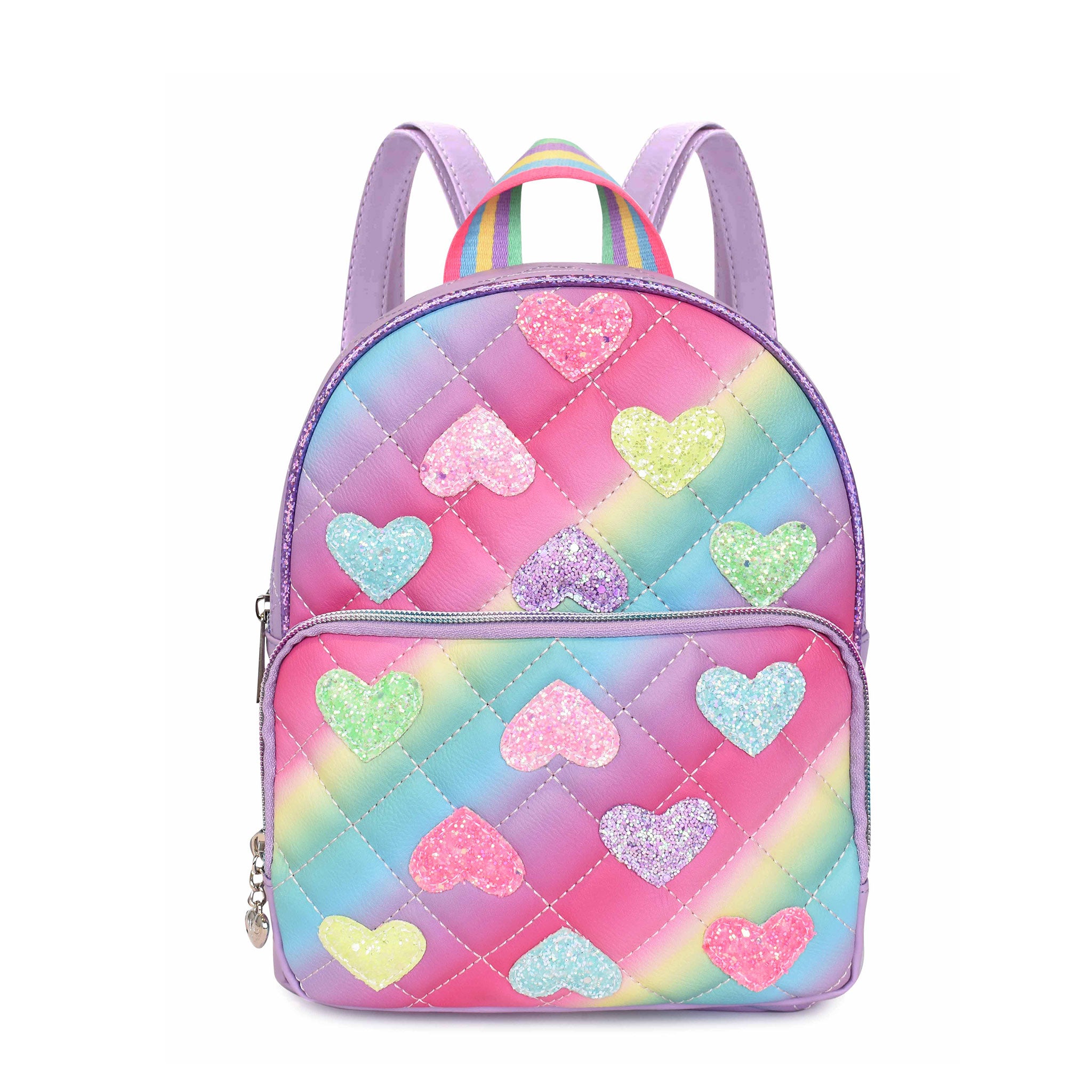 Front view of an ombre quilted mini backpack with glitter heart patches