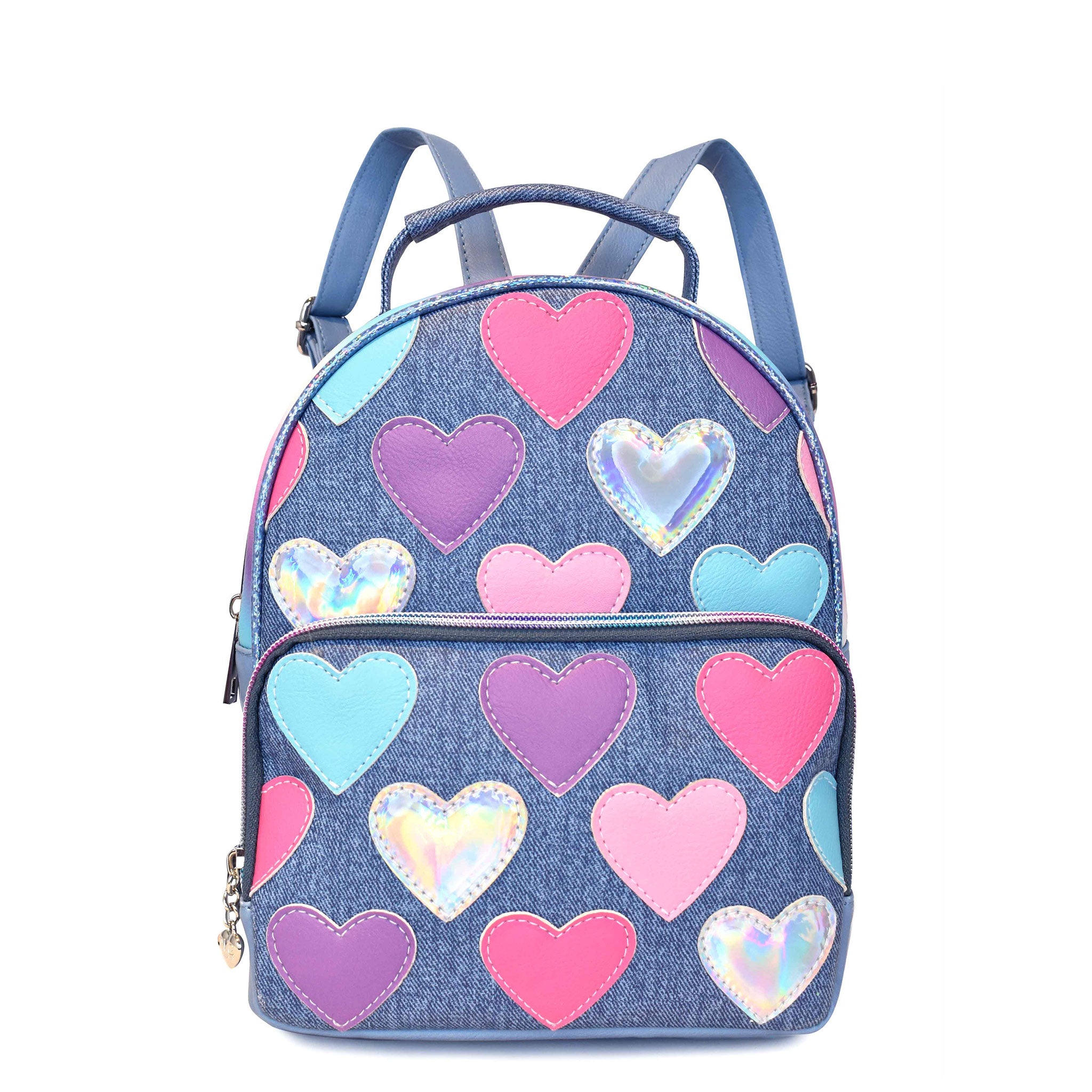 Front view of a denim mini backpack covered in heart patches with a front zipper pocket and top handle