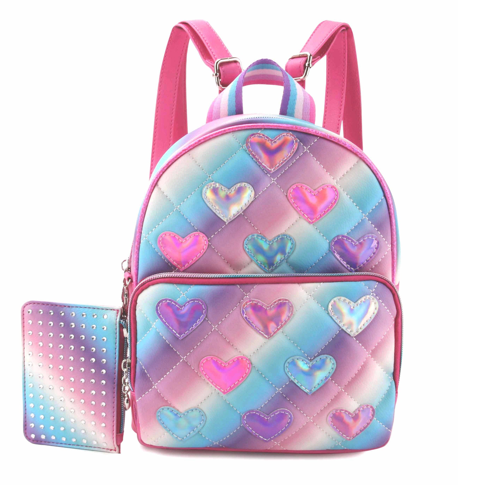 Omg Accessories Metallic Heart Patched Quilted Mini Backpack with Coin Purse