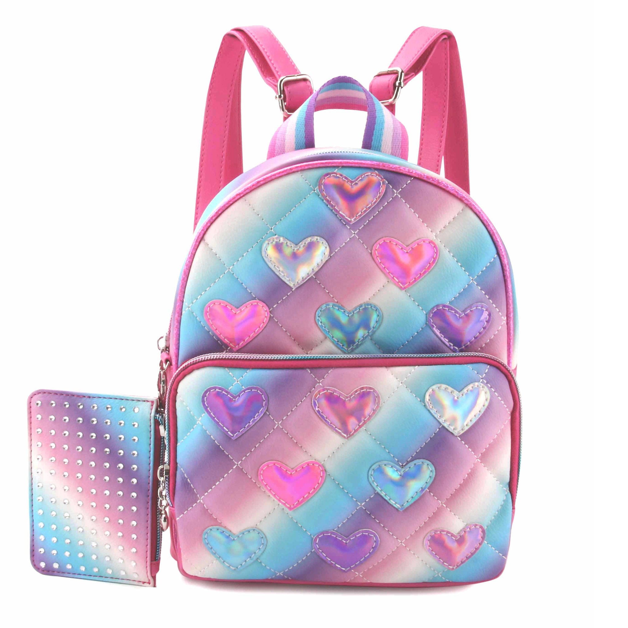 Front view of ombre quilted mini backpack with metallic heart patches and rhinestone coin purse keychain