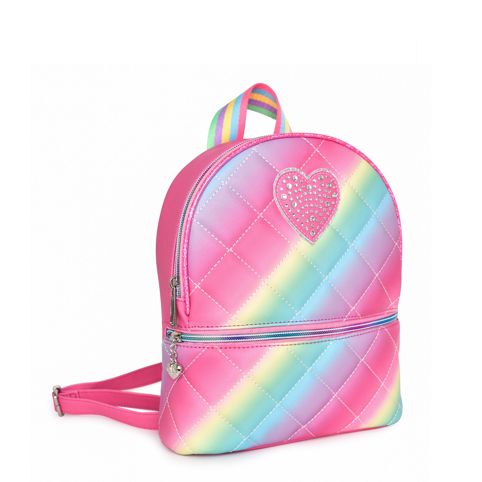 Side view of a rainbow ombre quilted mini backpack with a rhinestone heart appliqué