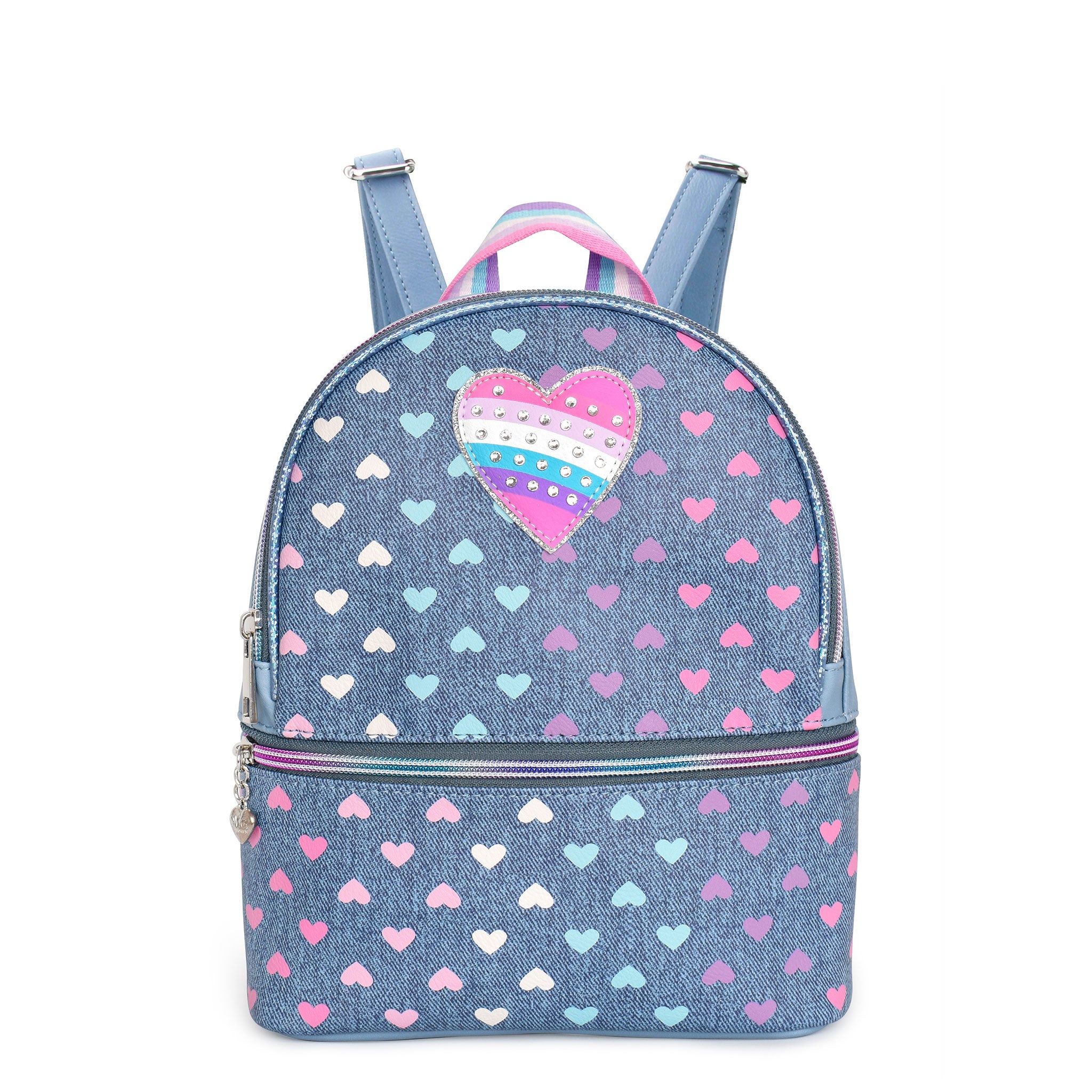 Front view of a denim mini backpack covered in a heart print and embellished with a heart patch appliqué