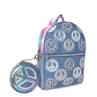 Side view of a denim mini backpack with metallic peace sign patches anda detachable peace sign round coin purse