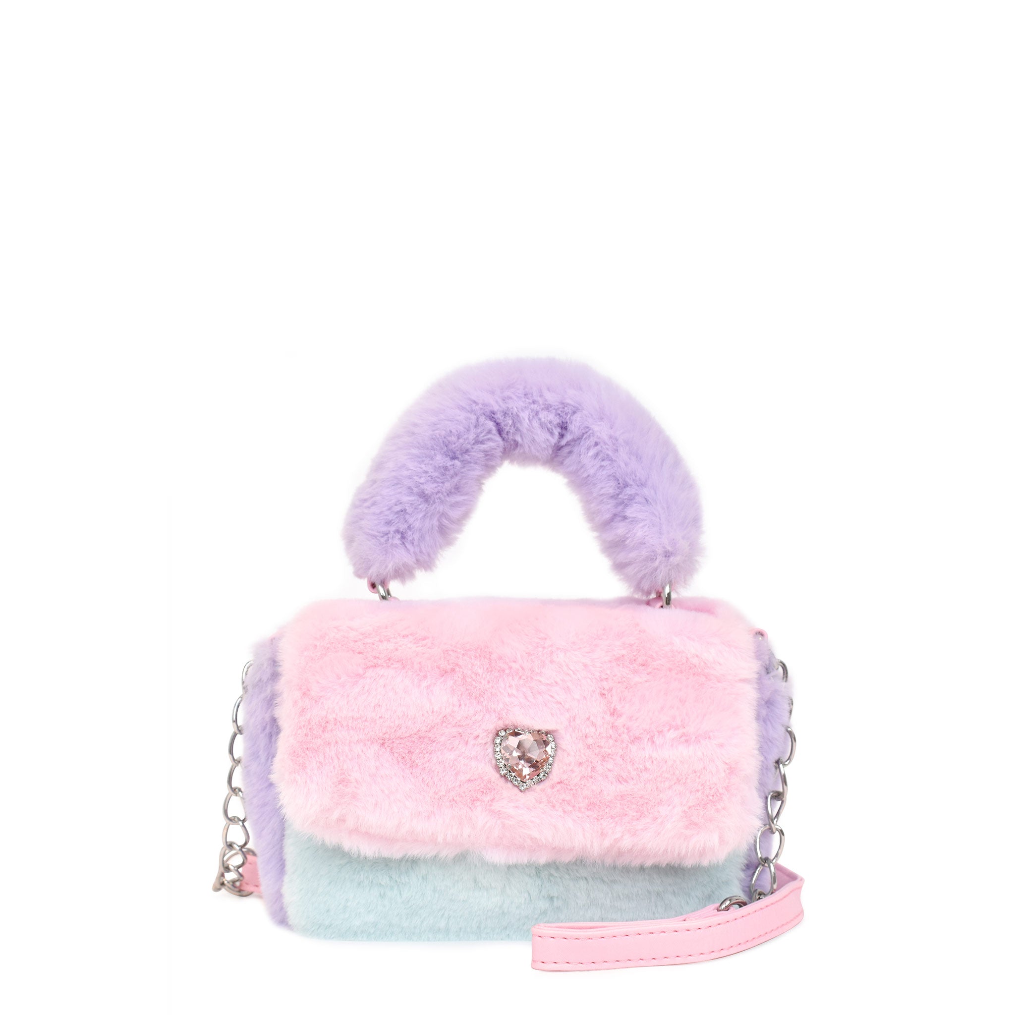 front view of a color blocked mini top handle plush crossbody bag