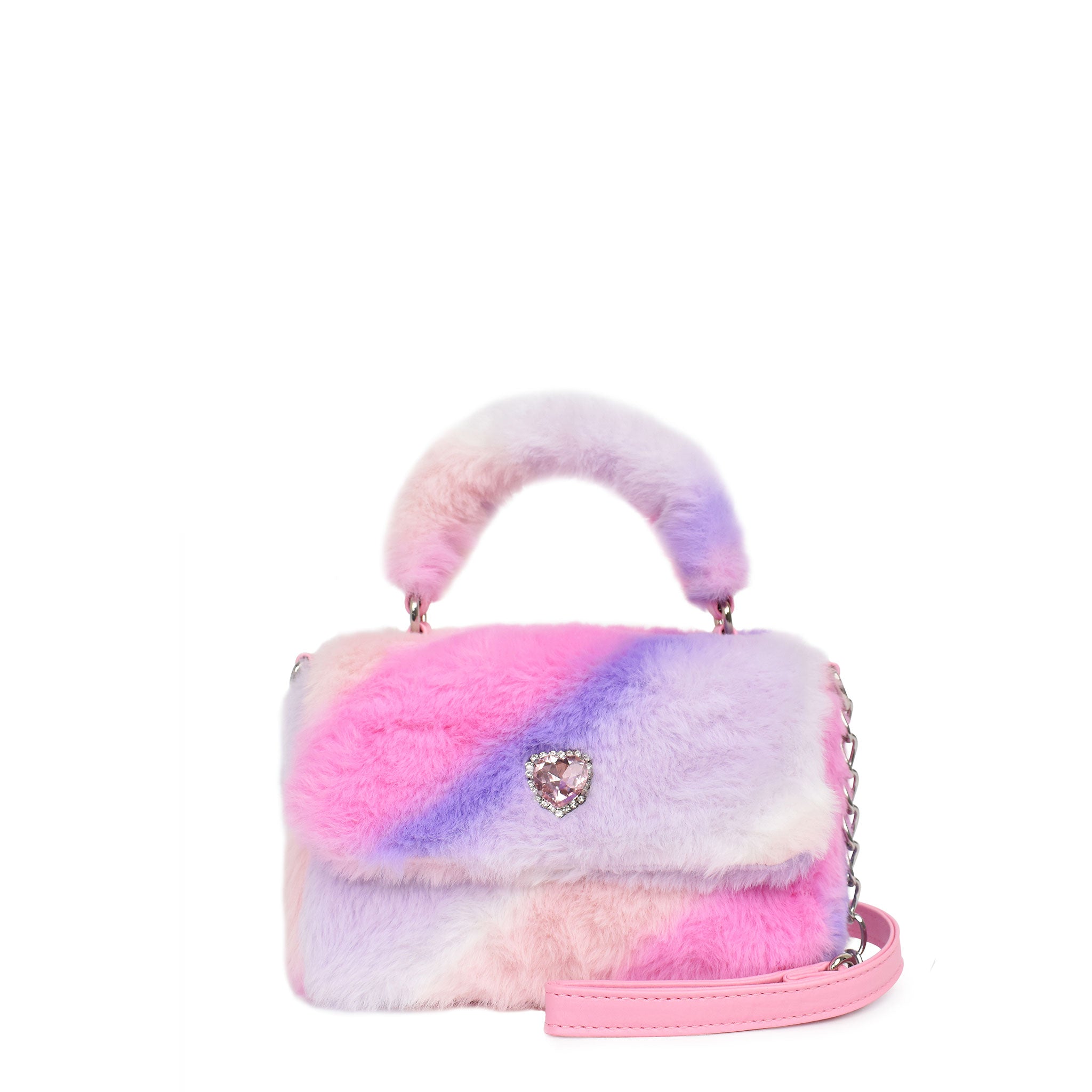 front view of a plush ombre mini flap front crossbody bag with a rhinestone heart gem detail.